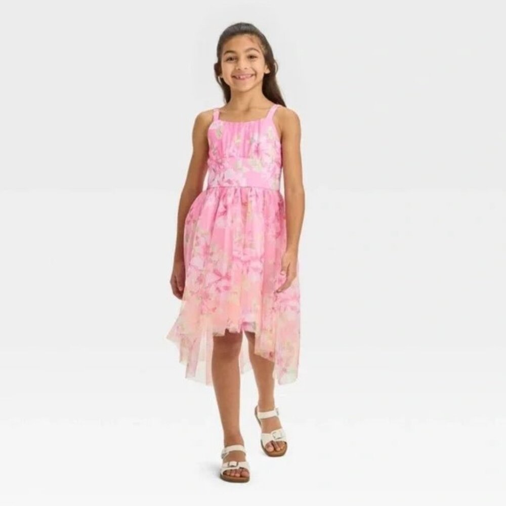 NWT Sleeveless Floral Hi-Low Girls' Pink Dress Mesh Tulle Medium 8